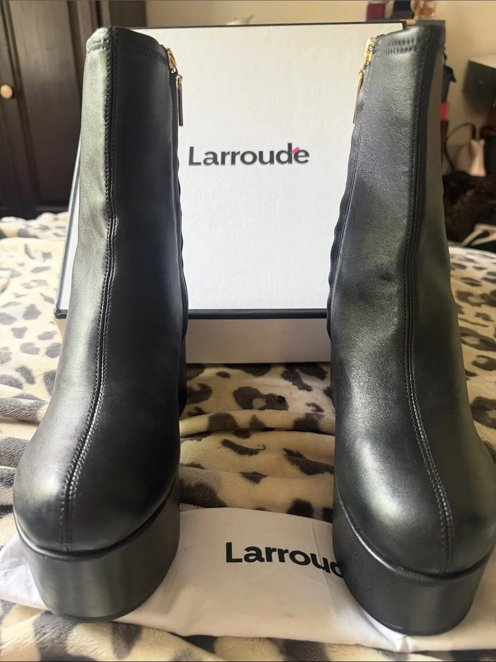 Larroudé Miso Boot Black Stretch Leather Platform Boots Size 9 NIB